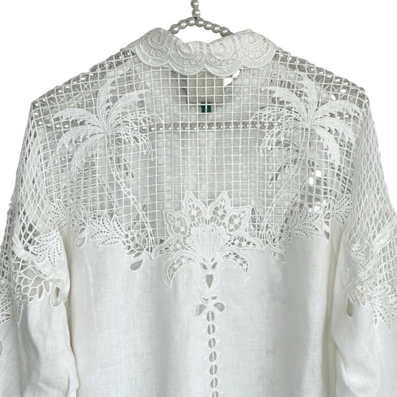 Farm Rio White Palms Linen Top XS Cottage Sheer Lace Embroidered Long Sleeve NEW - Picture 6 of 14